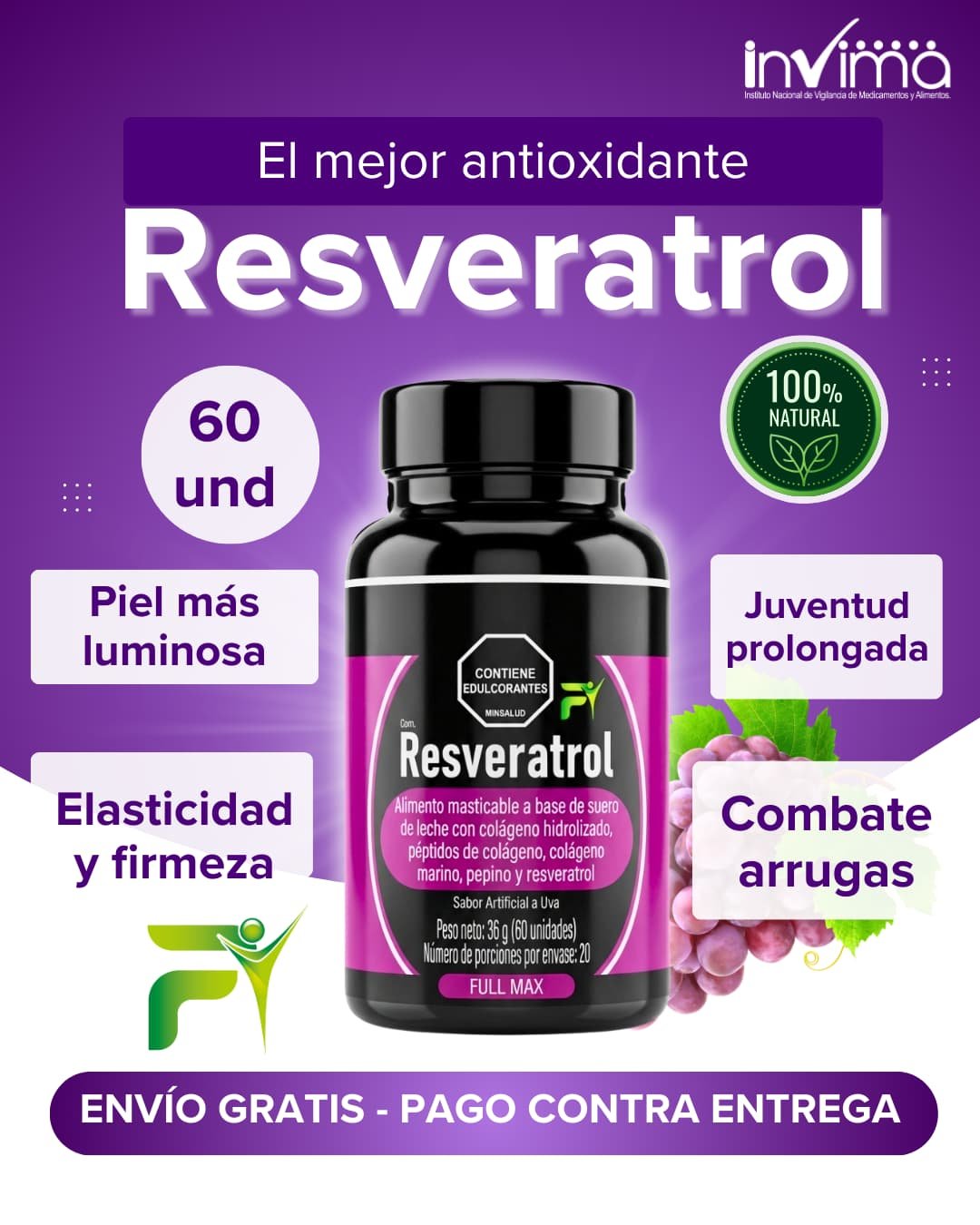 Resveratrol Full Max x60 Tabletas Masticables Fitovit – Pack x2 Unidades - Imagen 2